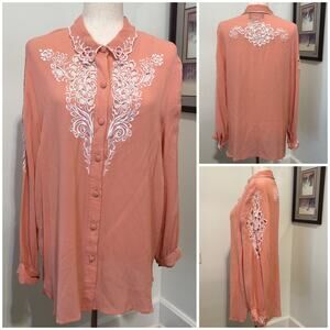 VTG Bob Mackie Wearable Art Silk Blouse Tag 1X Fits XL Peach Embroidered Floral